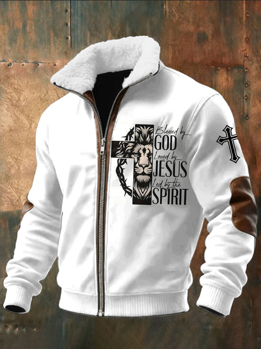 Retro absztrakt jézus oroszlán bárány bunda gallér cipzáras kabát